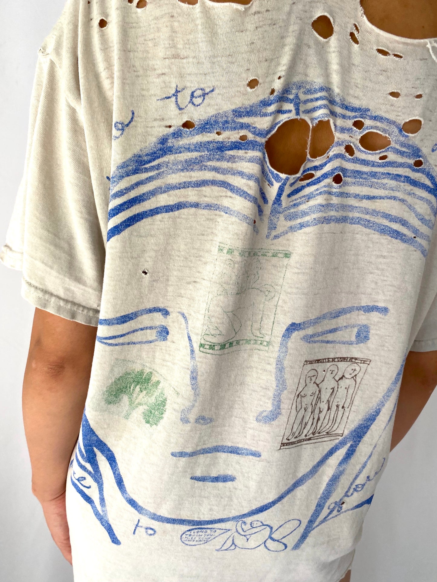 90s vintage cream distressed abstract time to grow nature butterfly tee shirt – unisex medium | thrashed ripped holes faded tshirt