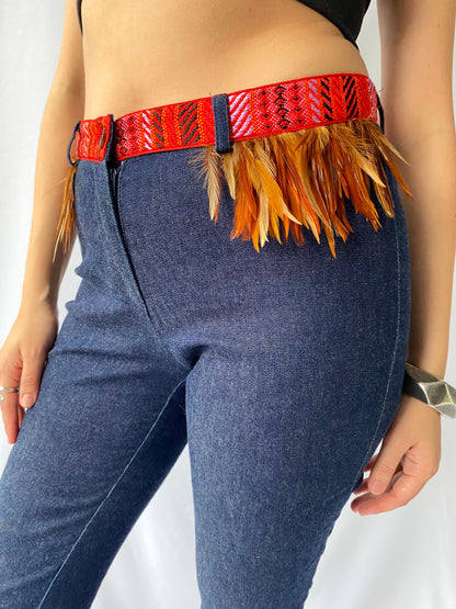 90s vintage blue denim embroidered cropped stretch pants – small, medium | funky feathers beaded fringe capris