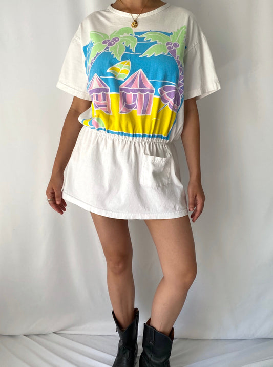 80s vintage white colorful tropical beach scene dress – medium | summer vacation swim elastic waist cover up