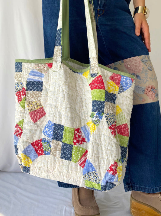 90s vintage colorful quilted patchwork large tote | granny retro reusable market soft cotton bag