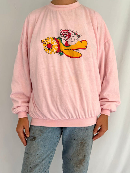 80s vintage pink reversible puffy santa bear pullover sweatshirt – small, medium | holiday cartoon graphic cotton crewneck sweater