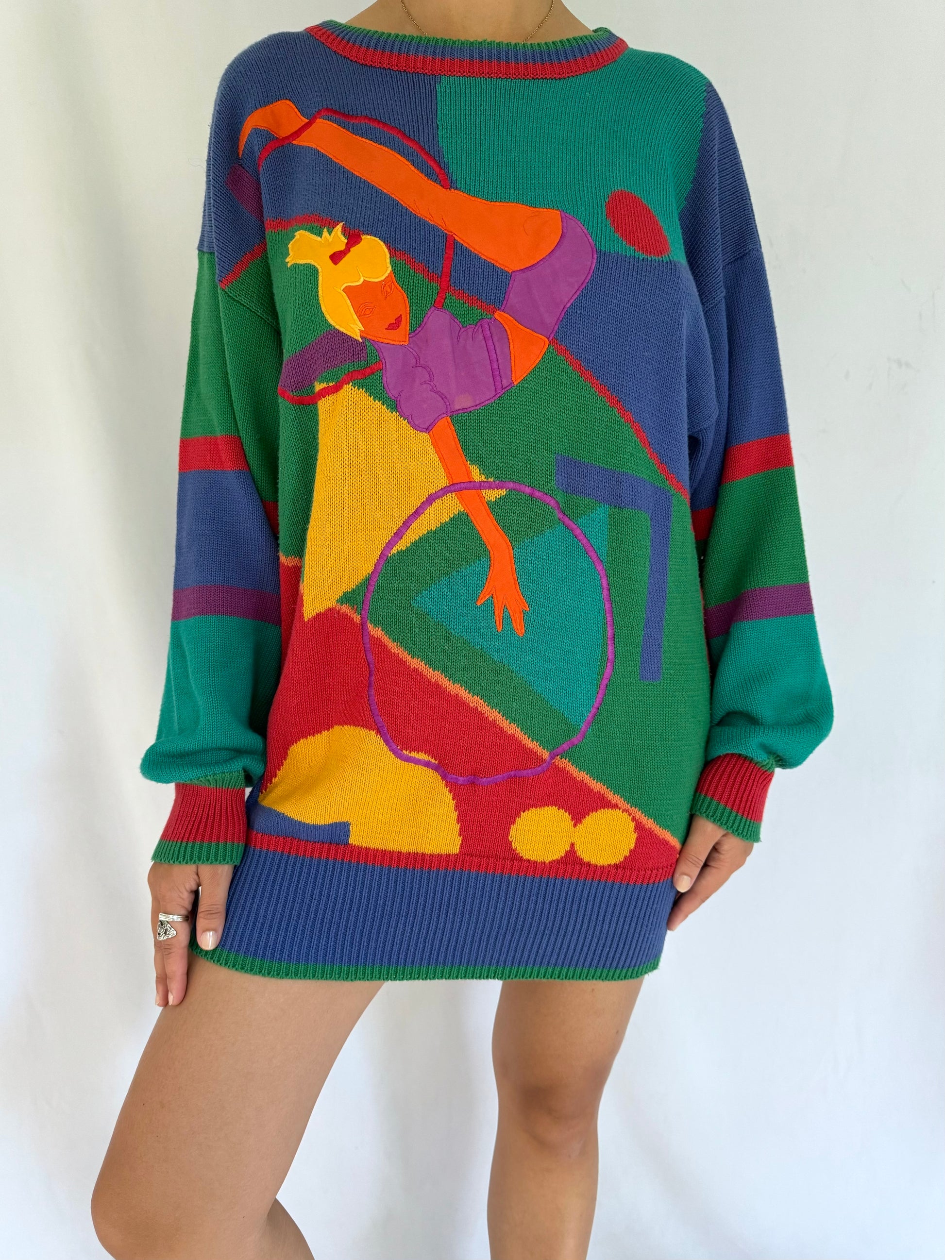 80s vintage multicolor novelty gymnast print knit sweater