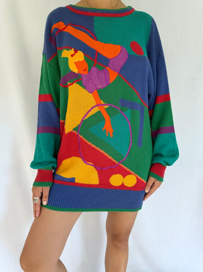 80s vintage multicolor novelty gymnast print knit sweater