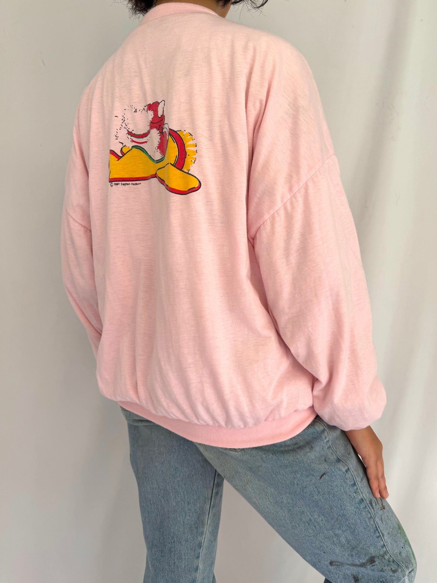 80s vintage pink reversible puffy santa bear pullover sweatshirt – small, medium | holiday cartoon graphic cotton crewneck sweater