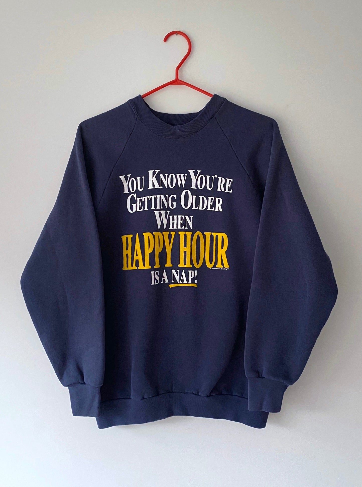 90s vintage blue Getting Older humor pullover sweatshirt – medium | novelty graphic gag gift spellout crewneck sweater