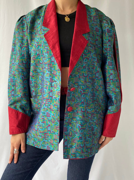 80s vintage green red abstract oversized thai silk blazer jacket – one size | clown retro shiny collared coat