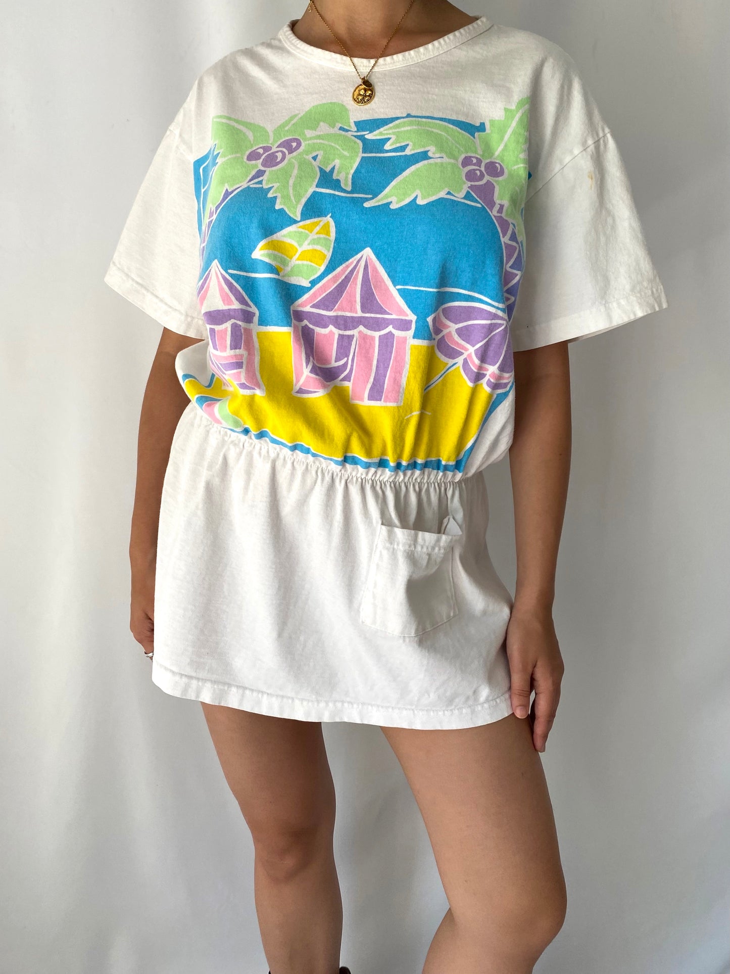 80s vintage white colorful tropical beach scene dress