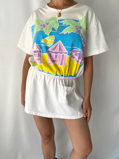 80s vintage white colorful tropical beach scene dress