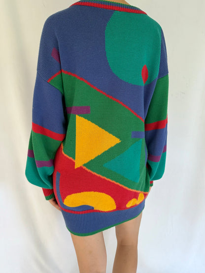 80s vintage multicolor novelty gymnast print knit sweater
