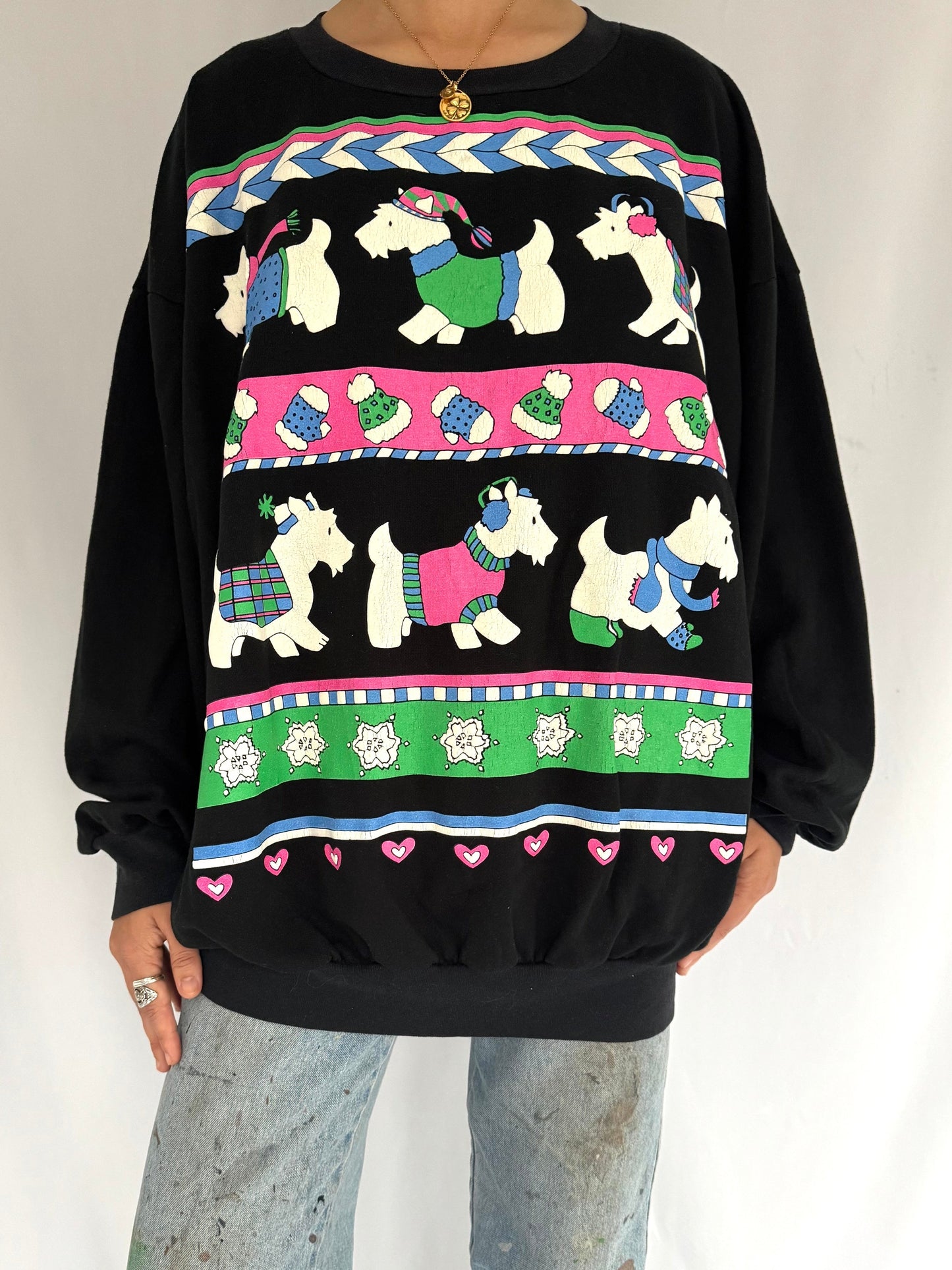 80s vintage black scottish terrier dog winter graphic pullover sweatshirt – extra large 2XL 3XL