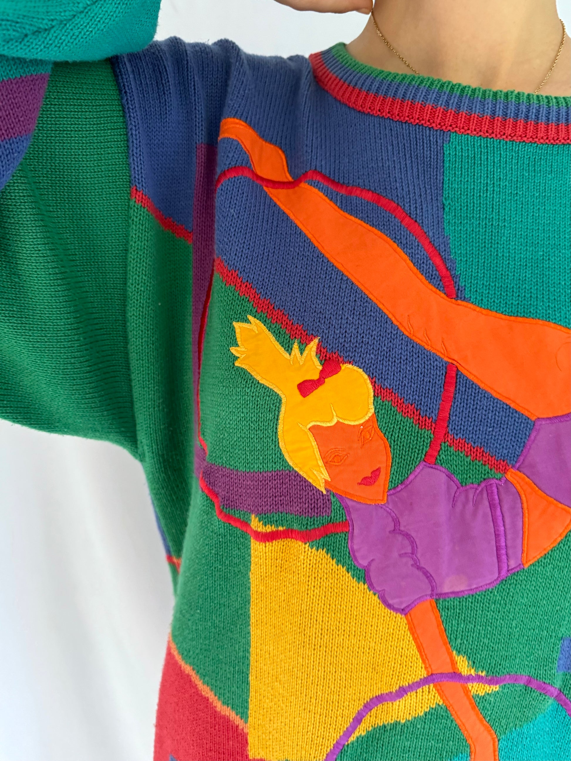 80s vintage multicolor novelty gymnast print knit sweater