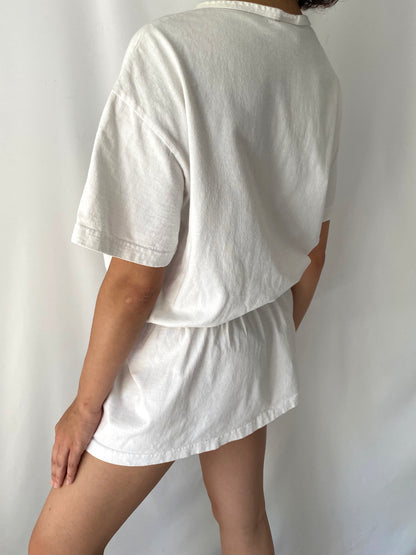 80s vintage white colorful tropical beach scene dress