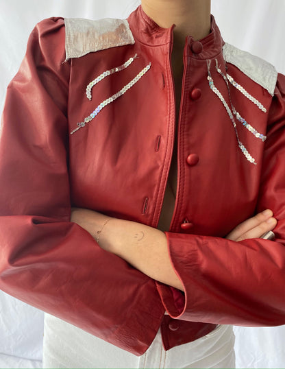 80s vintage red faux leather cropped jacket - extra small, small | michael jackson thriller disco party blazer