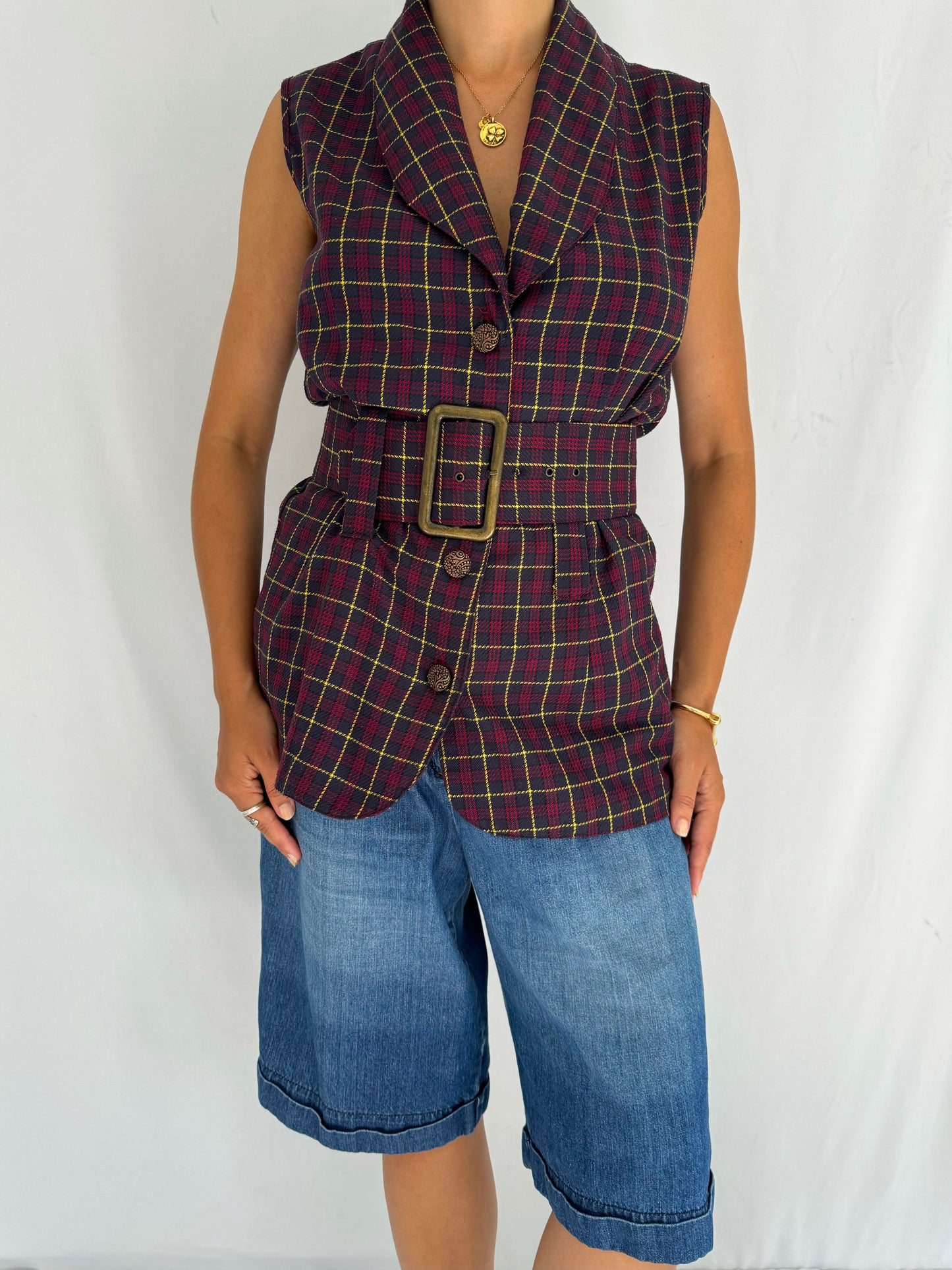 90s vintage plaid collared belted button up vest – small, medium | preppy uniform dark academia sleeveless waistcoat