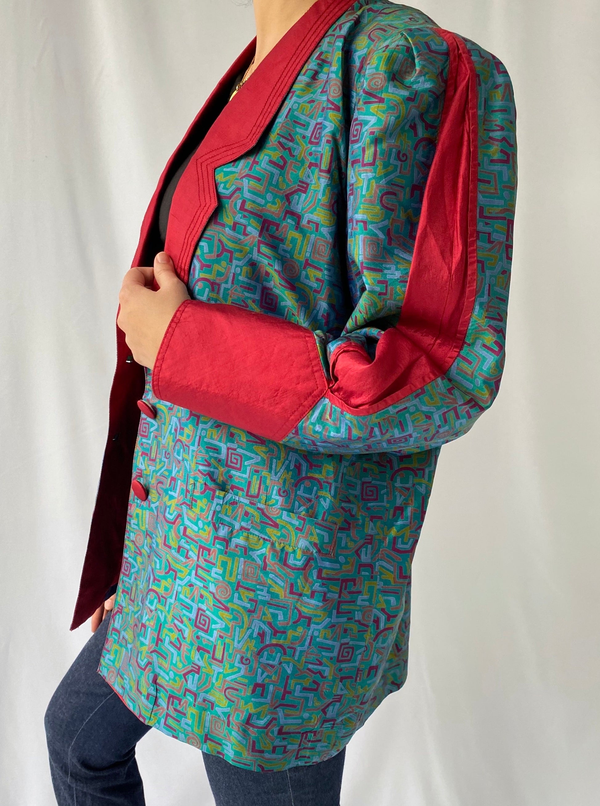 80s vintage green red abstract oversized thai silk blazer jacket 
