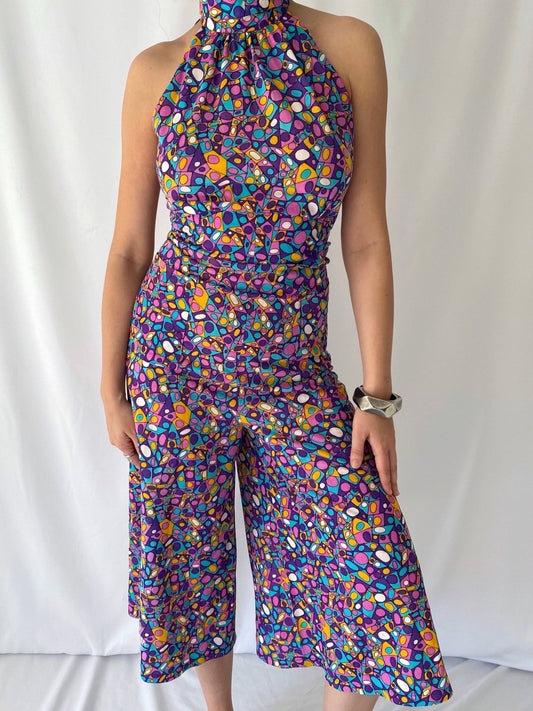 60s 70s vintage colorful handmade abstract mod sleeveless pant jumpsuit – small | disco groovy hippie collared halter pantsuit