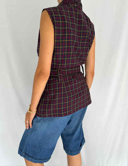 90s vintage plaid collared belted button up vest – small, medium | preppy uniform dark academia sleeveless waistcoat