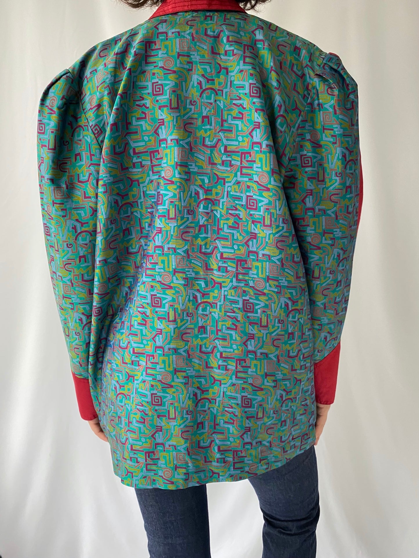 80s vintage green red abstract oversized thai silk blazer jacket 