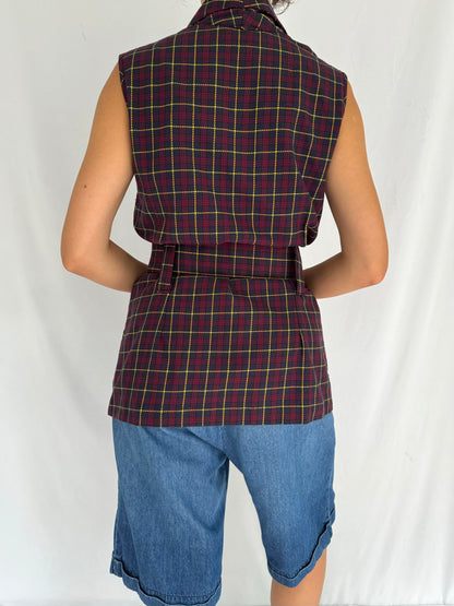 90s vintage plaid collared belted button up vest – small, medium | preppy uniform dark academia sleeveless waistcoat