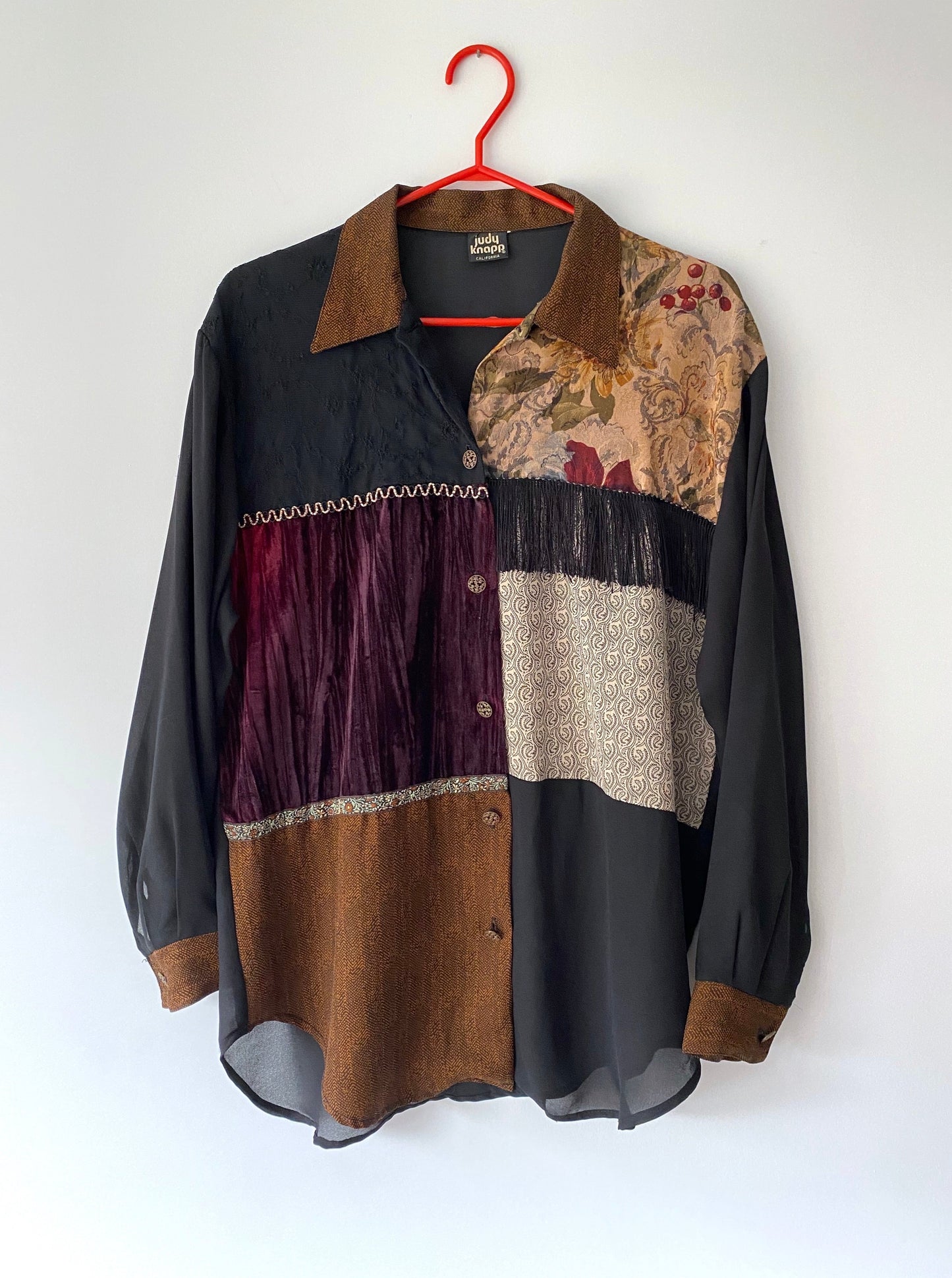 90s vintage patchwork fringe boho long sleeve blouse – medium | floral western hippy button up shirt