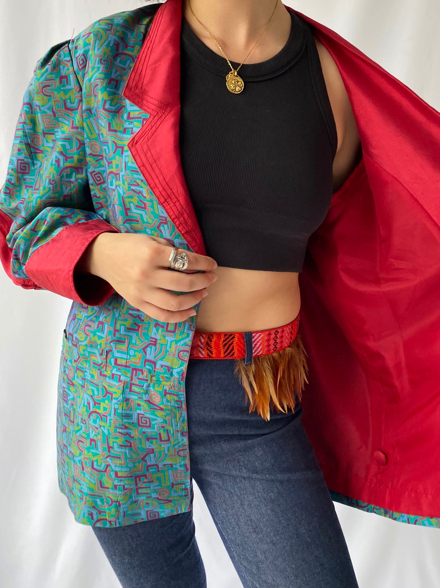 80s vintage green red abstract oversized thai silk blazer jacket 