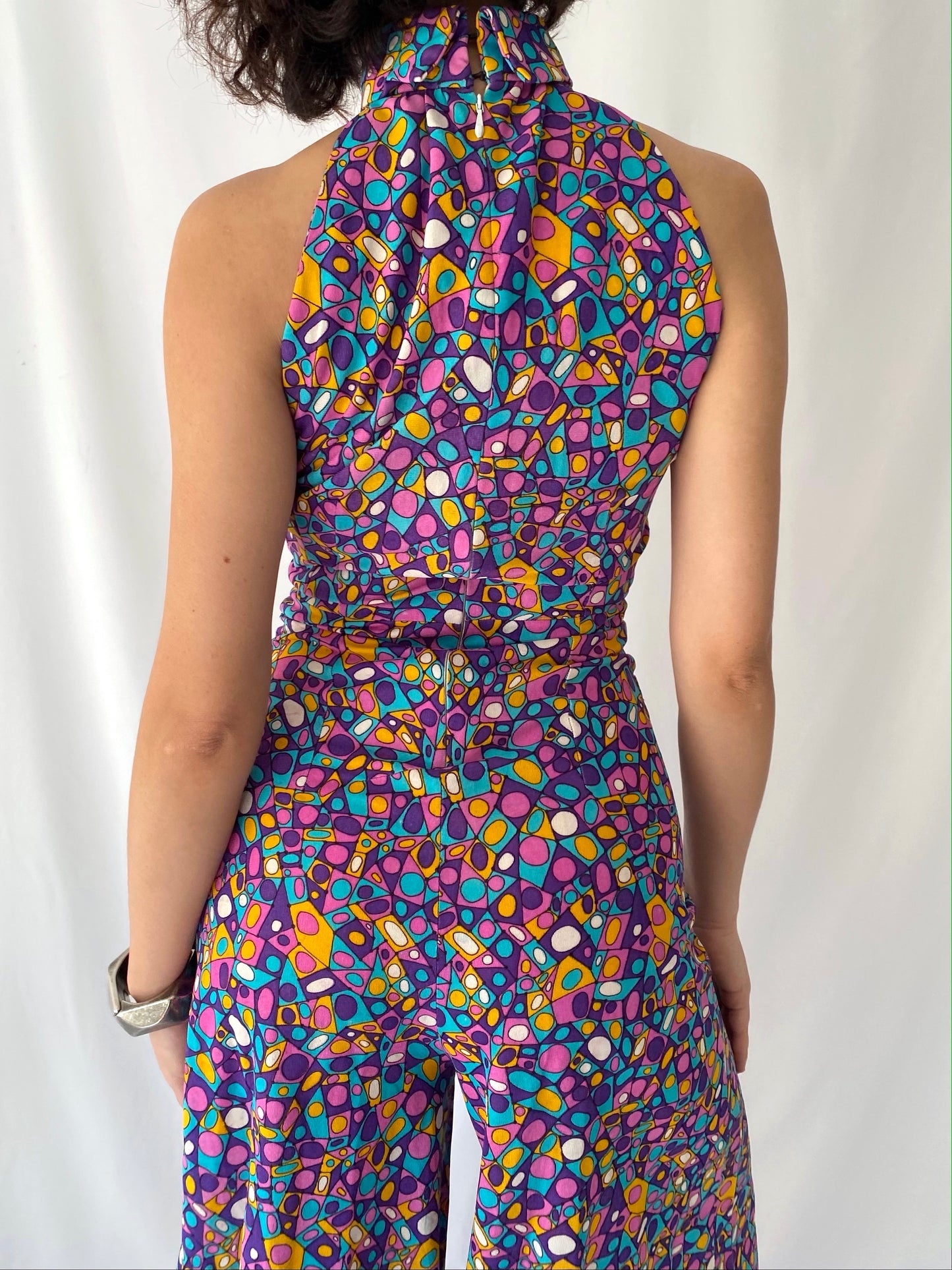 60s 70s vintage colorful handmade abstract mod sleeveless pant jumpsuit