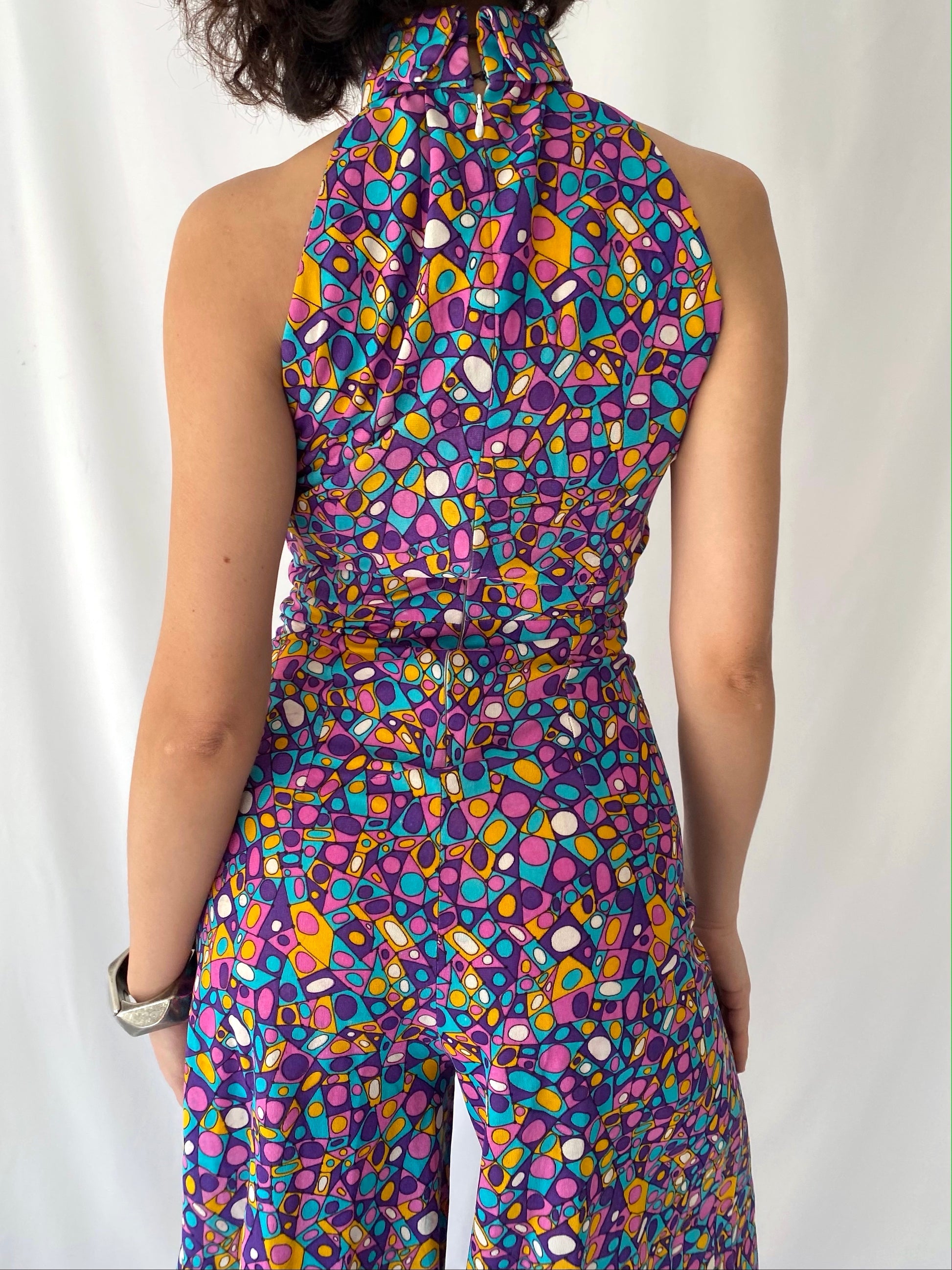 60s 70s vintage colorful handmade abstract mod sleeveless pant jumpsuit
