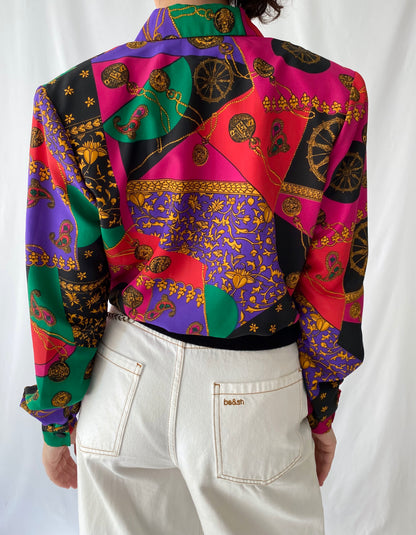 80s vintage colorful abstract cropped button up blouse