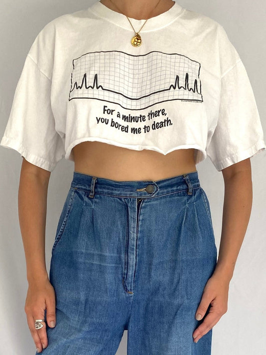 90s vintage white funny you bored me to death graphic cropped tee shirt | sarcastic saying spellout cotton crop top