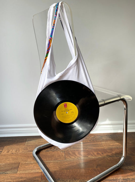 vintage music vinyl record art tote bag | novelty handmade unique the o’jays album reworked shoulder purse