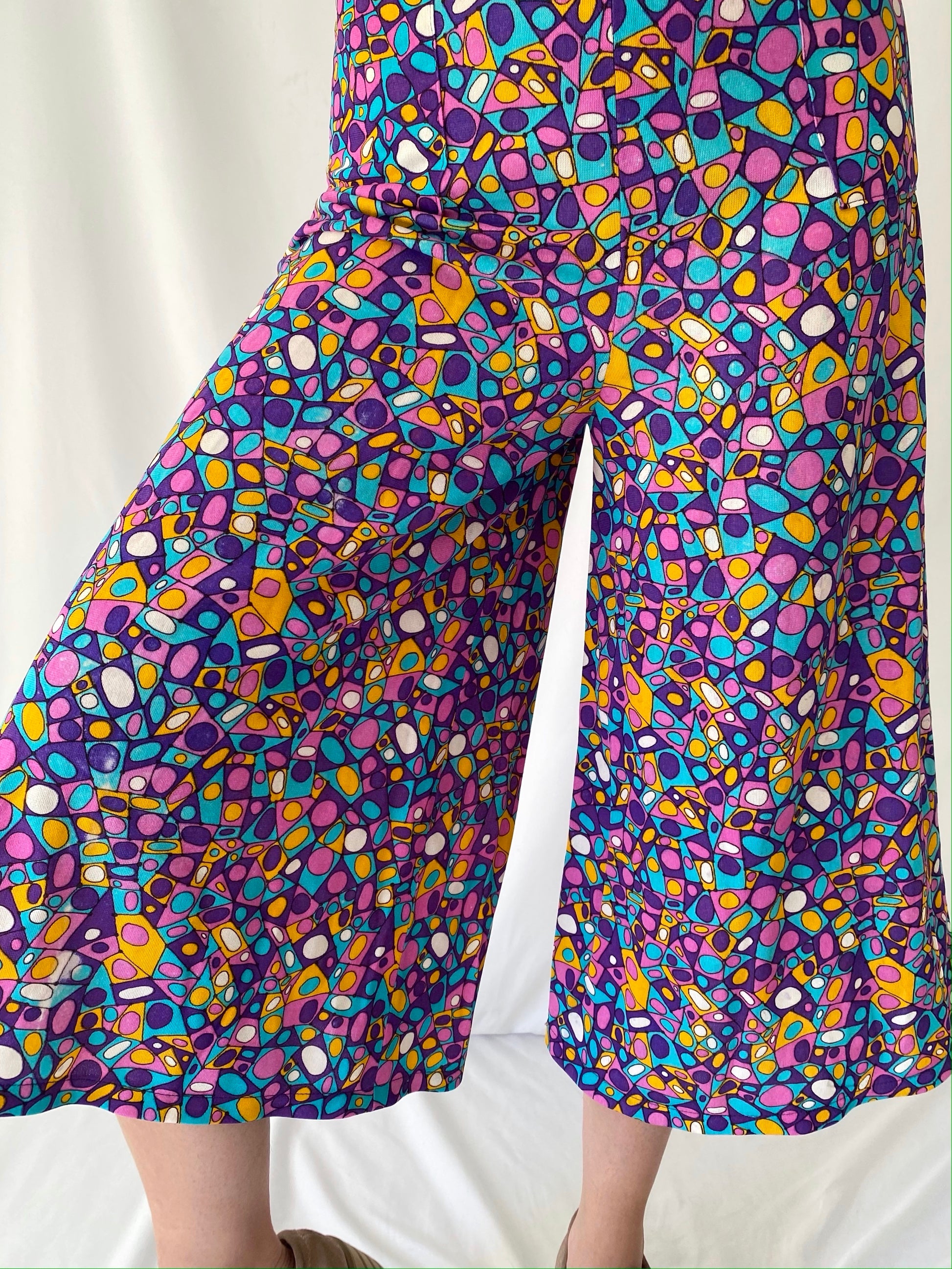 60s 70s vintage colorful handmade abstract mod sleeveless pant jumpsuit