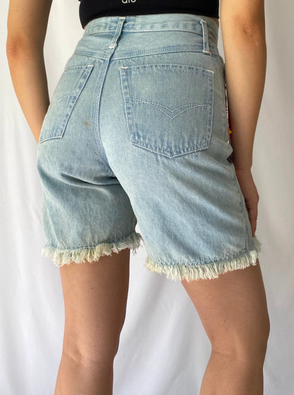 90s vintage denim patchwork cut off frayed long shorts