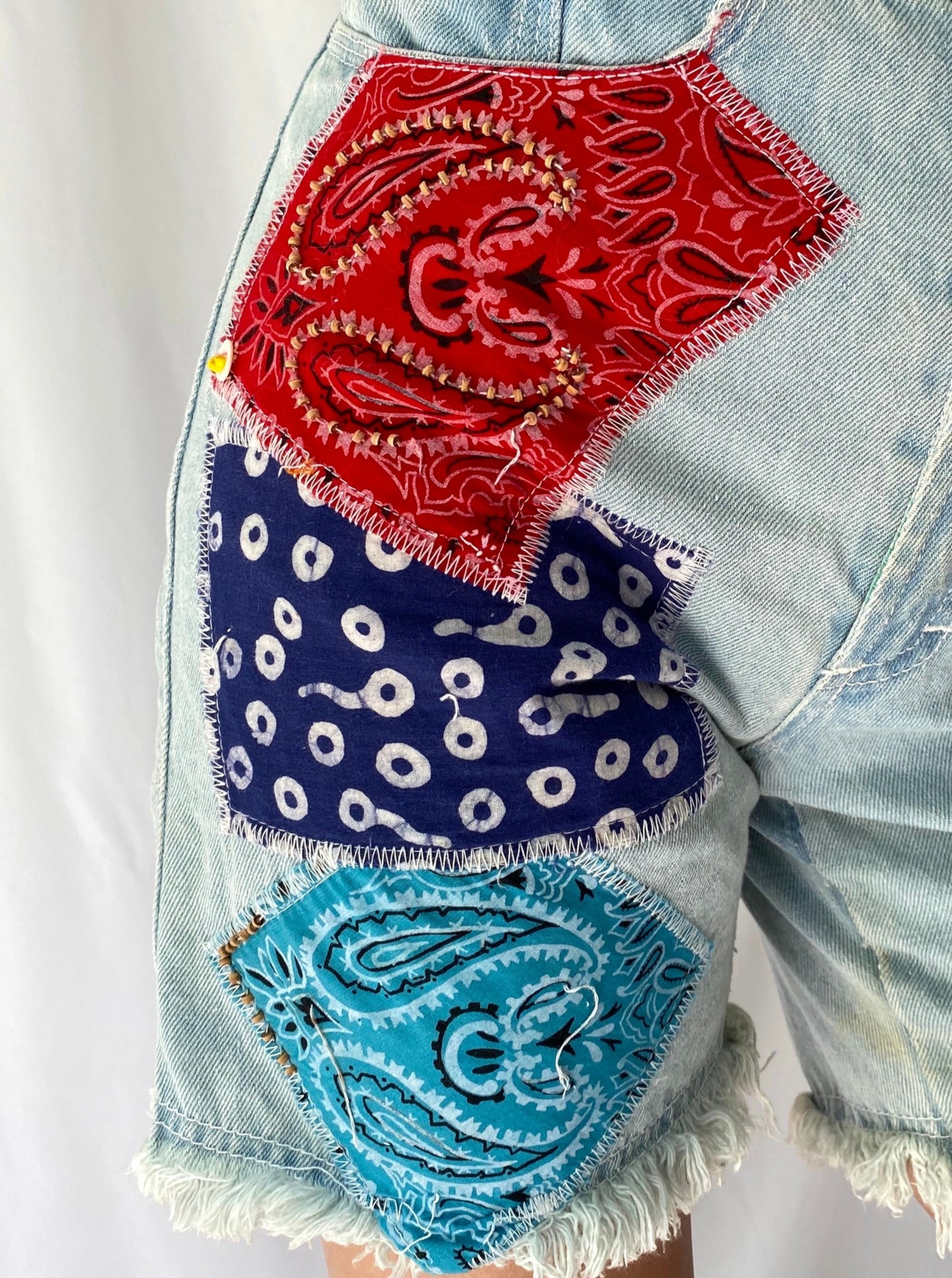 90s vintage denim patchwork cut off frayed long shorts