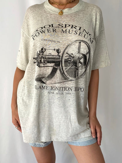 90s vintage grey distressed thrashed cool spring power museum long tee shirt – unisex large | retro ripped holes paper thin faded tshirt