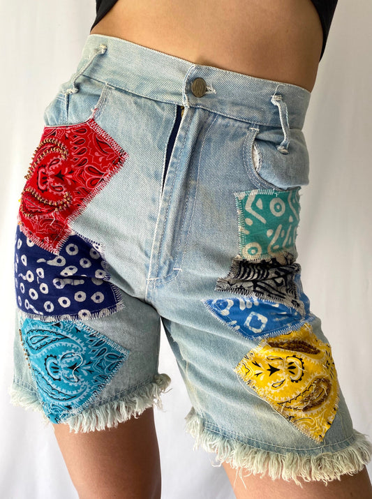 90s vintage denim patchwork cut off frayed long shorts – extra small | colorful hippy patches festival jean shorts