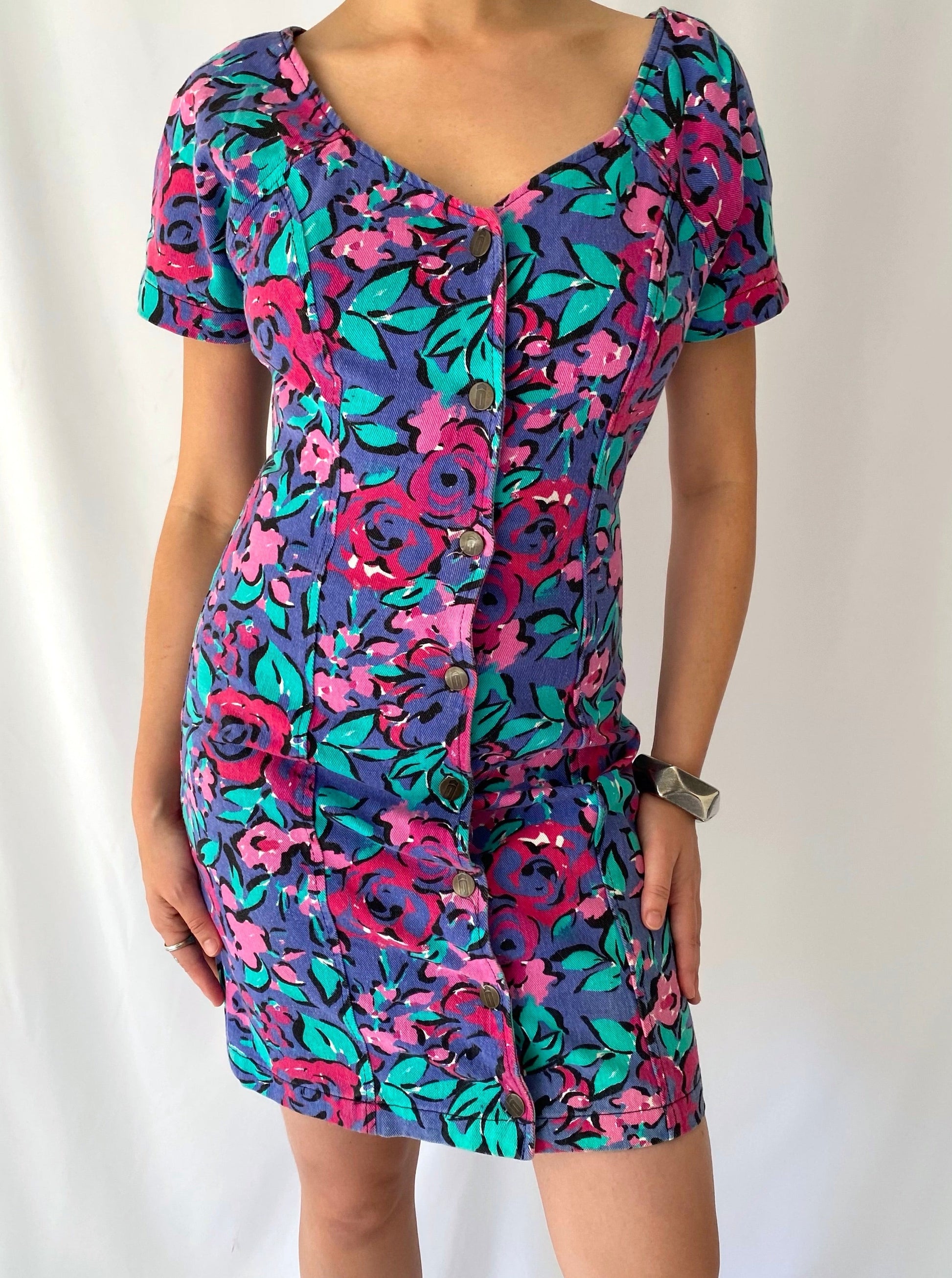 80s vintage colorful floral denim short sleeved mini midi dress