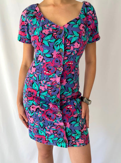 80s vintage colorful floral denim short sleeved mini midi dress