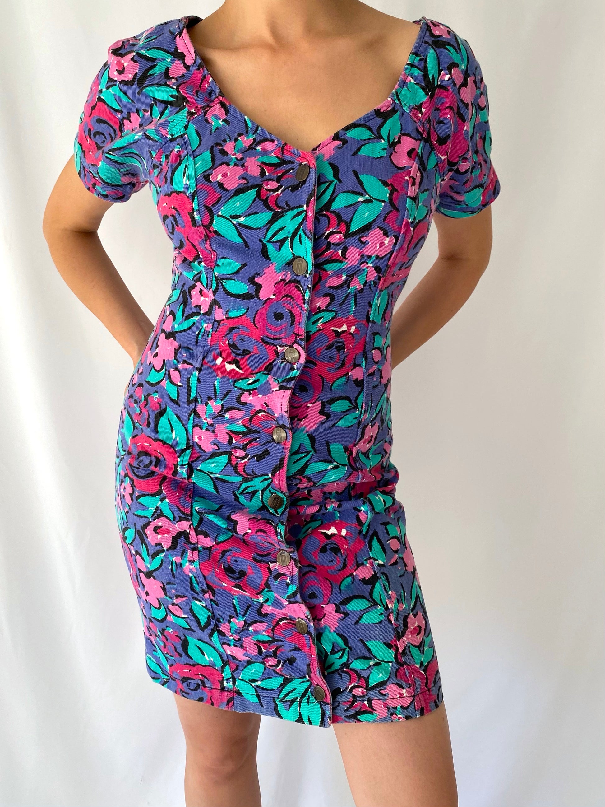 80s vintage colorful floral denim short sleeved mini midi dress