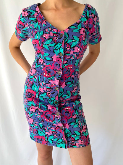 80s vintage colorful floral denim short sleeved mini midi dress