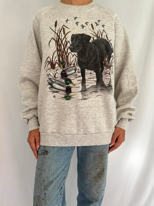 80s vintage grey animal black lab graphic pullover sweatshirt – large | unisex dog mallard duck long sleeved sweater