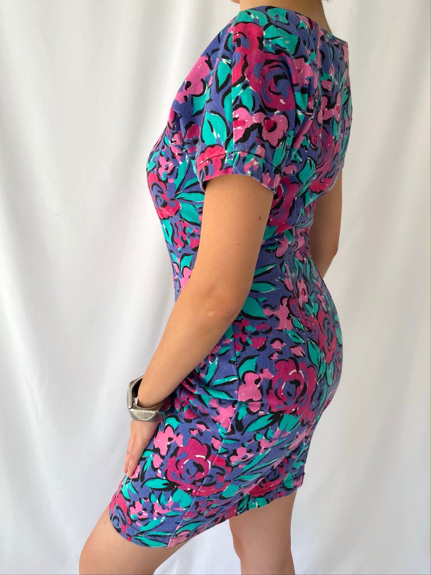 80s vintage colorful floral denim short sleeved mini midi dress