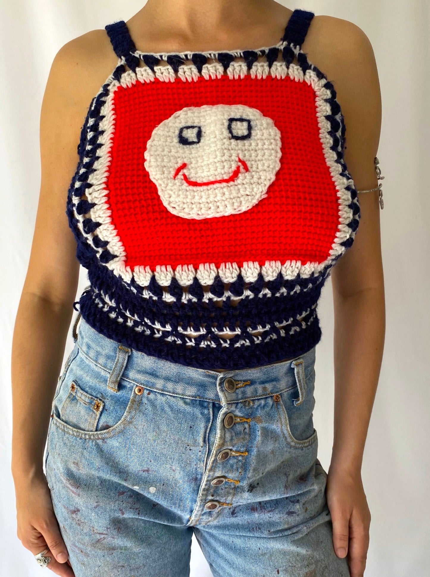 70s vintage handmade navy blue red smiley face granny square tank top
