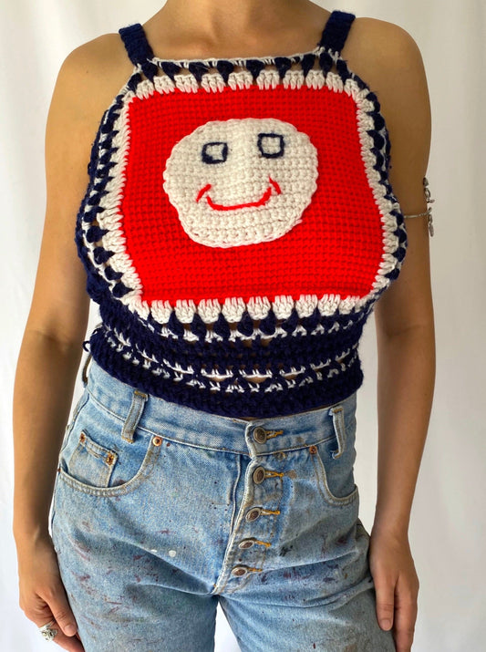 70s vintage handmade navy blue red smiley face granny square tank top – small | hand knit novelty crochet crop top