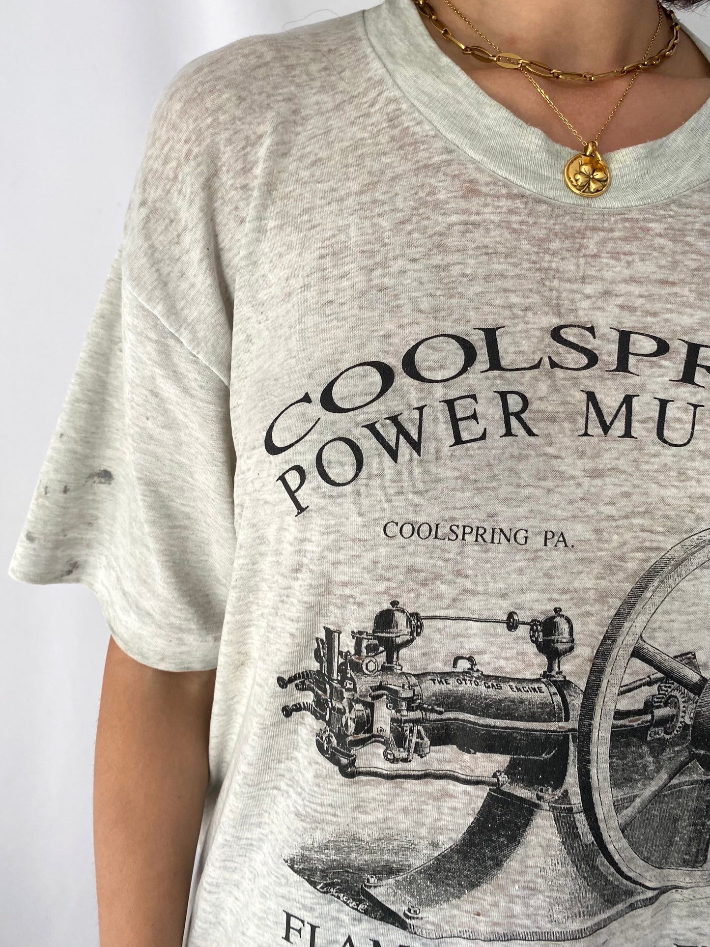 90s vintage grey distressed thrashed cool spring power museum long tee shirt – unisex large | retro ripped holes paper thin faded tshirt