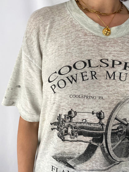 90s vintage grey distressed thrashed cool spring power museum long tee shirt – unisex large | retro ripped holes paper thin faded tshirt