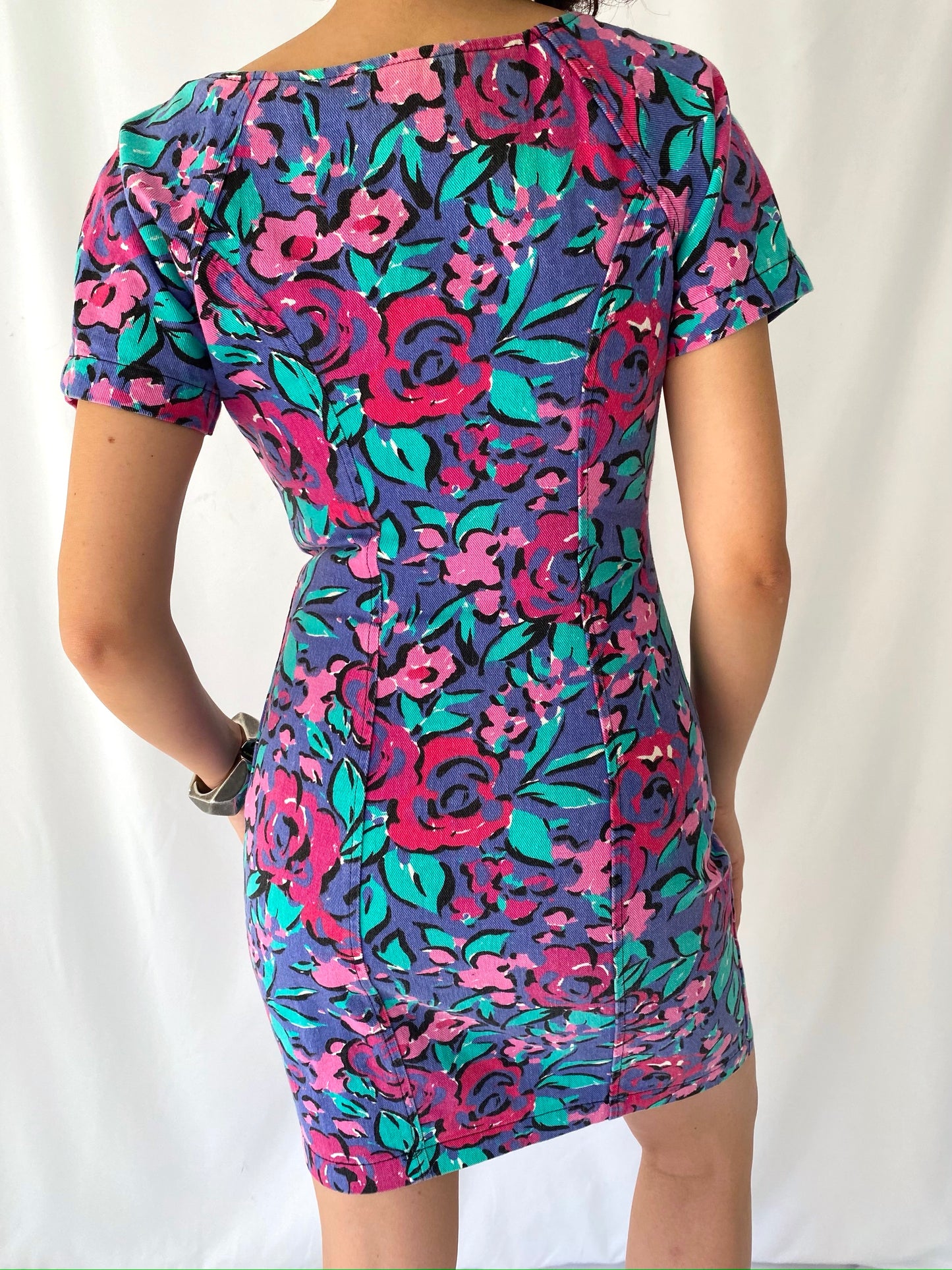 80s vintage colorful floral denim short sleeved mini midi dress