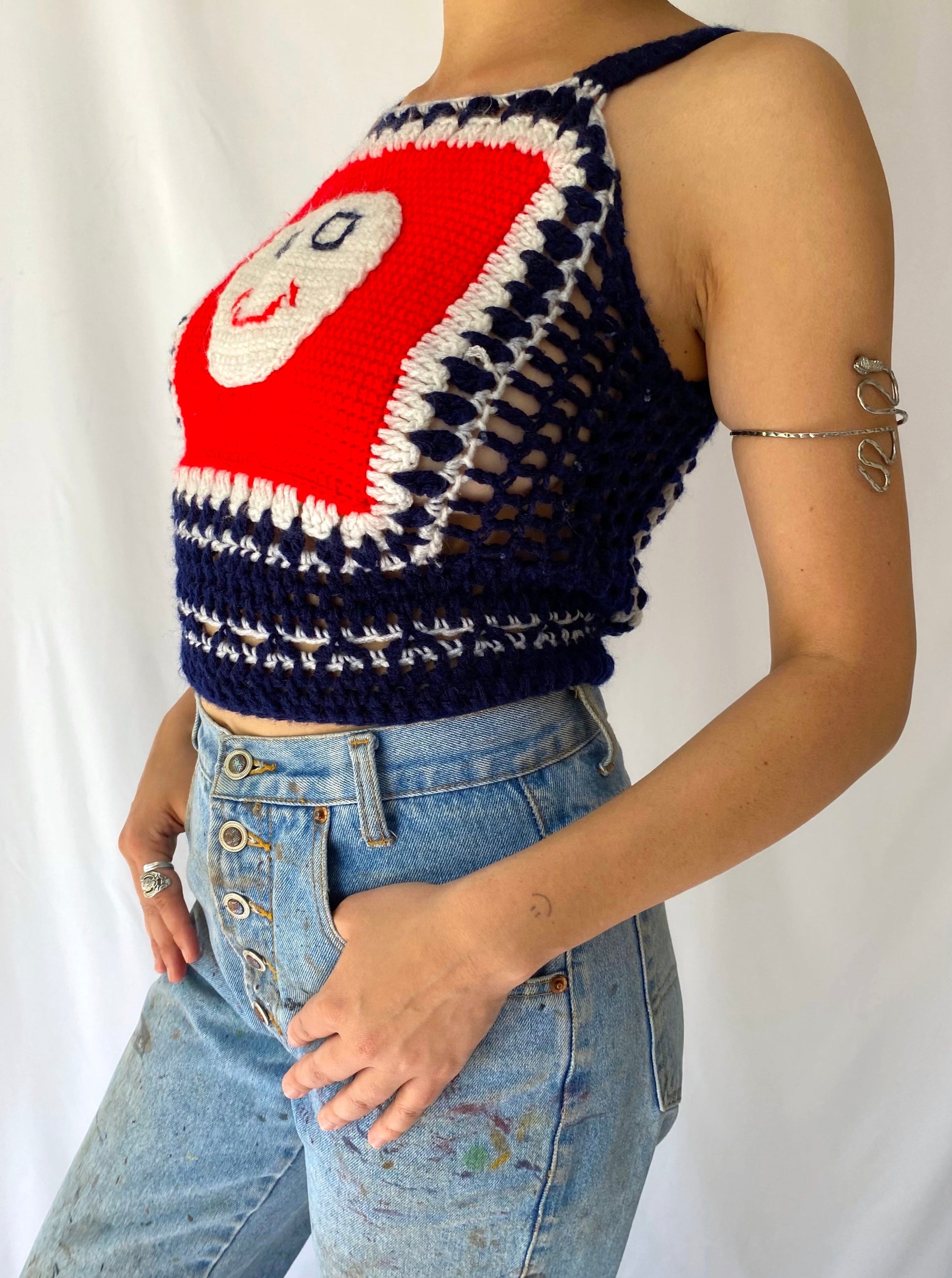 70s vintage handmade navy blue red smiley face granny square tank top