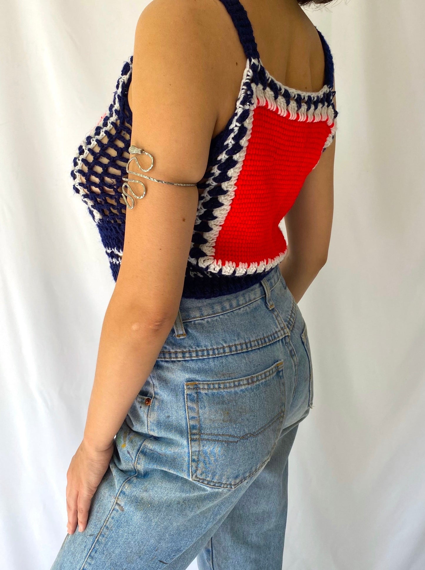 70s vintage handmade navy blue red smiley face granny square tank top