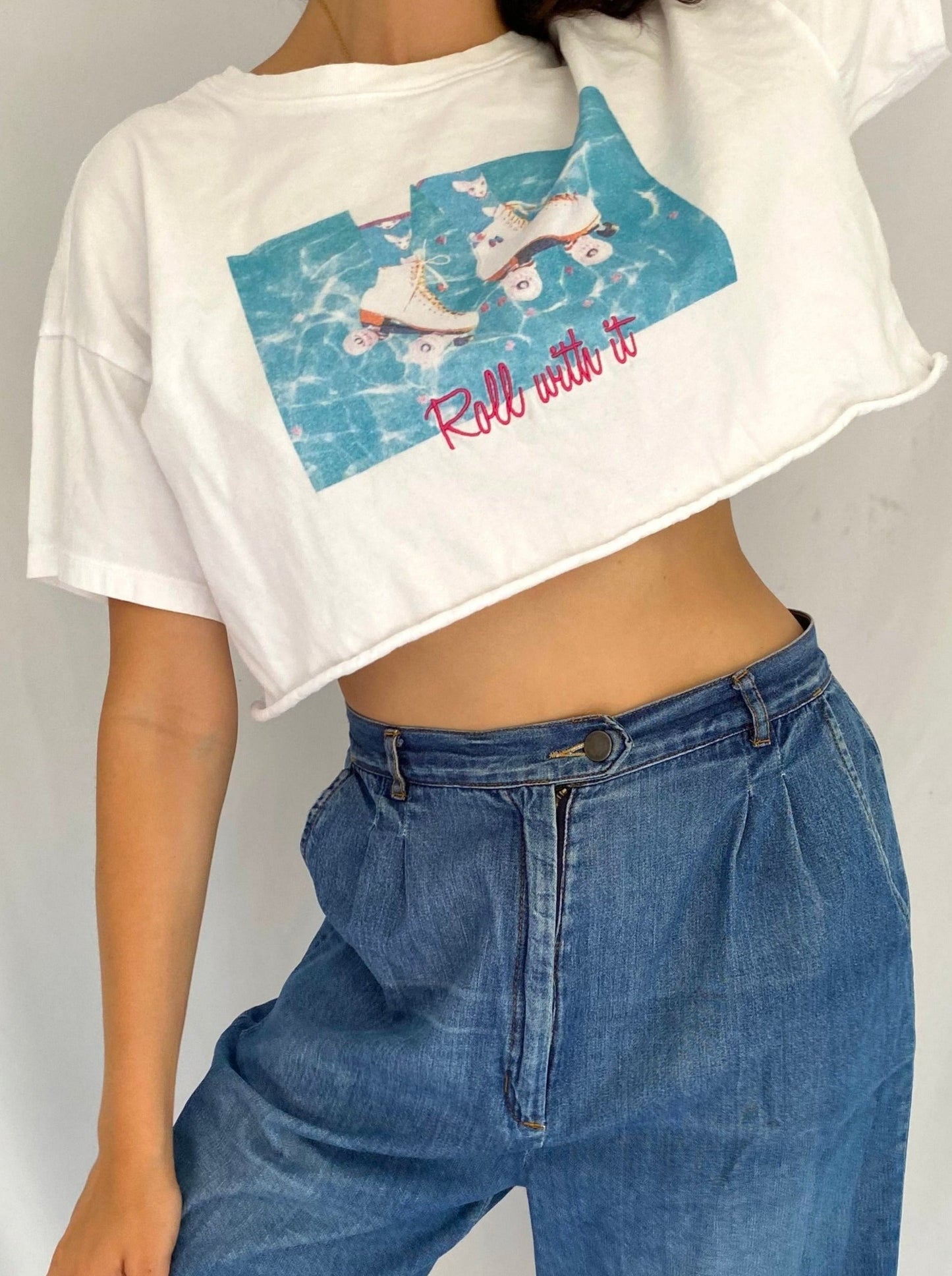 y2k vintage retro roller skate roll with it graphic cropped tee shirt | novelty phrase cotton crop top tshirt