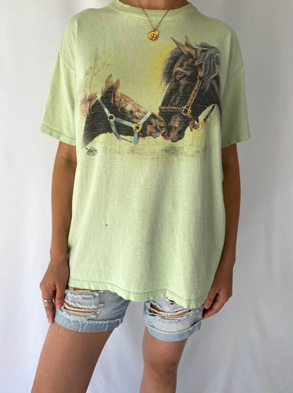 y2k vintage green faded horses graphic tee shirt – medium | nature animal soft pure cotton short sleeved tshirt